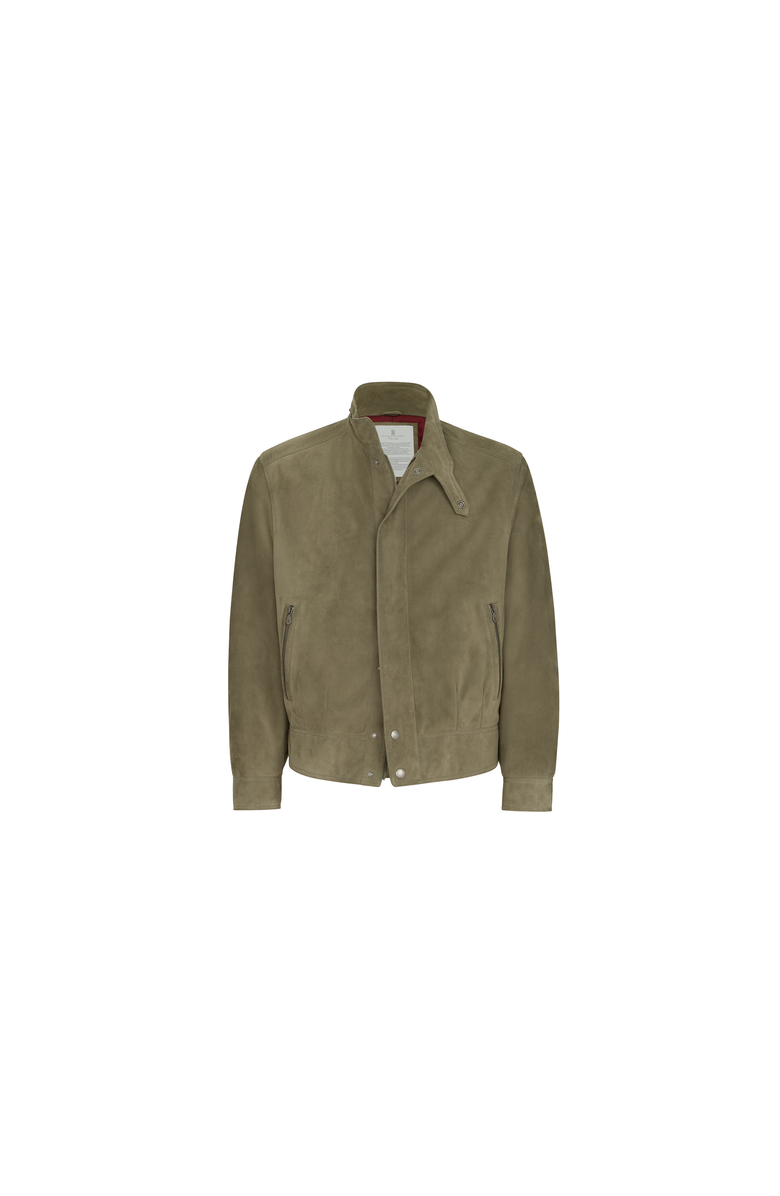 Brunello Cucinelli Suede outerwear jacket with Thermore<sup>®</sup> padding and standing collar, Alternate, color, Military