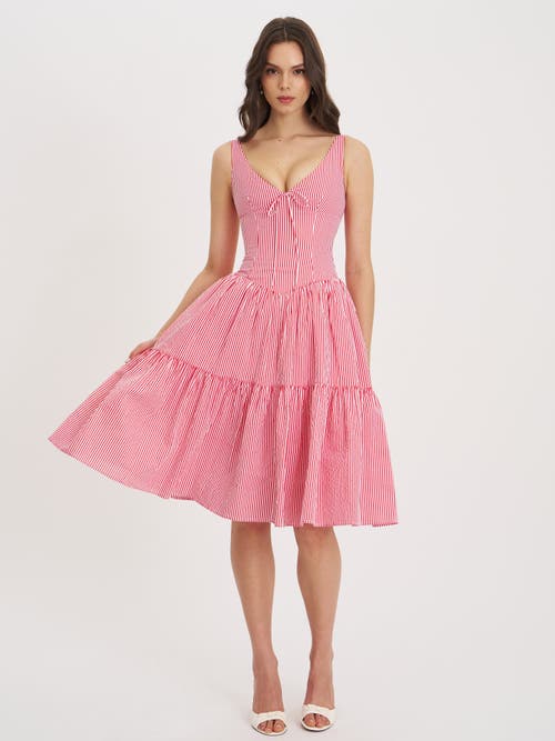 Miss Circle Women Oceana Red Candy Stripe Drop Waist Midi Dress In Pink