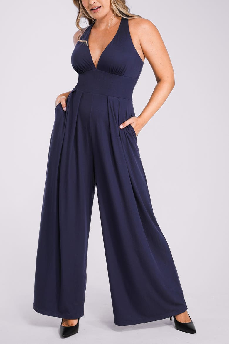 Plunge Shaping Wide Leg Jumpsuit, Alternate, color, Navy Blue