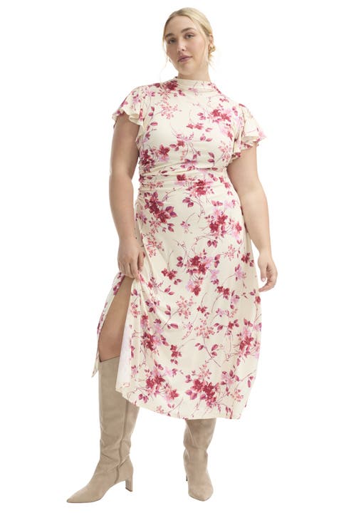 June + Vie Gathered Front Midi Dress In Multi