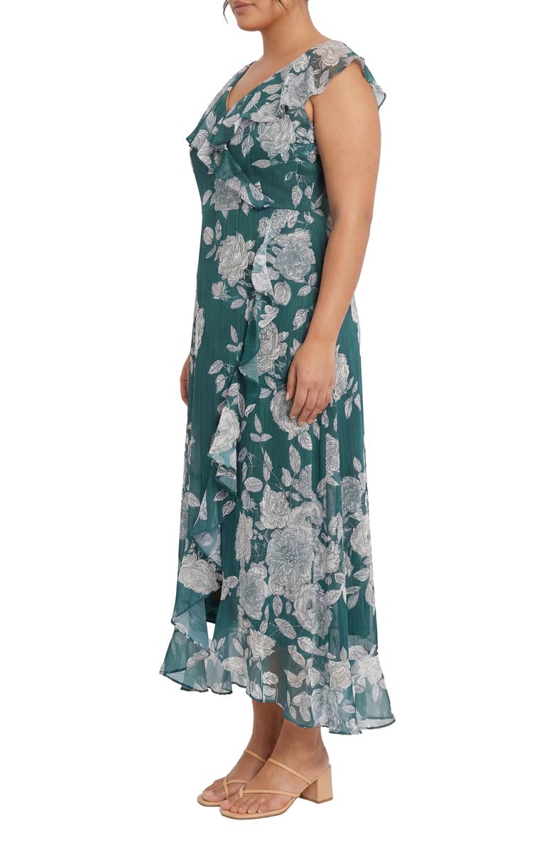 London Times Floral Ruffle Cap Sleeve Faux Wrap Maxi Dress, Alternate, color, A Teal/ White
