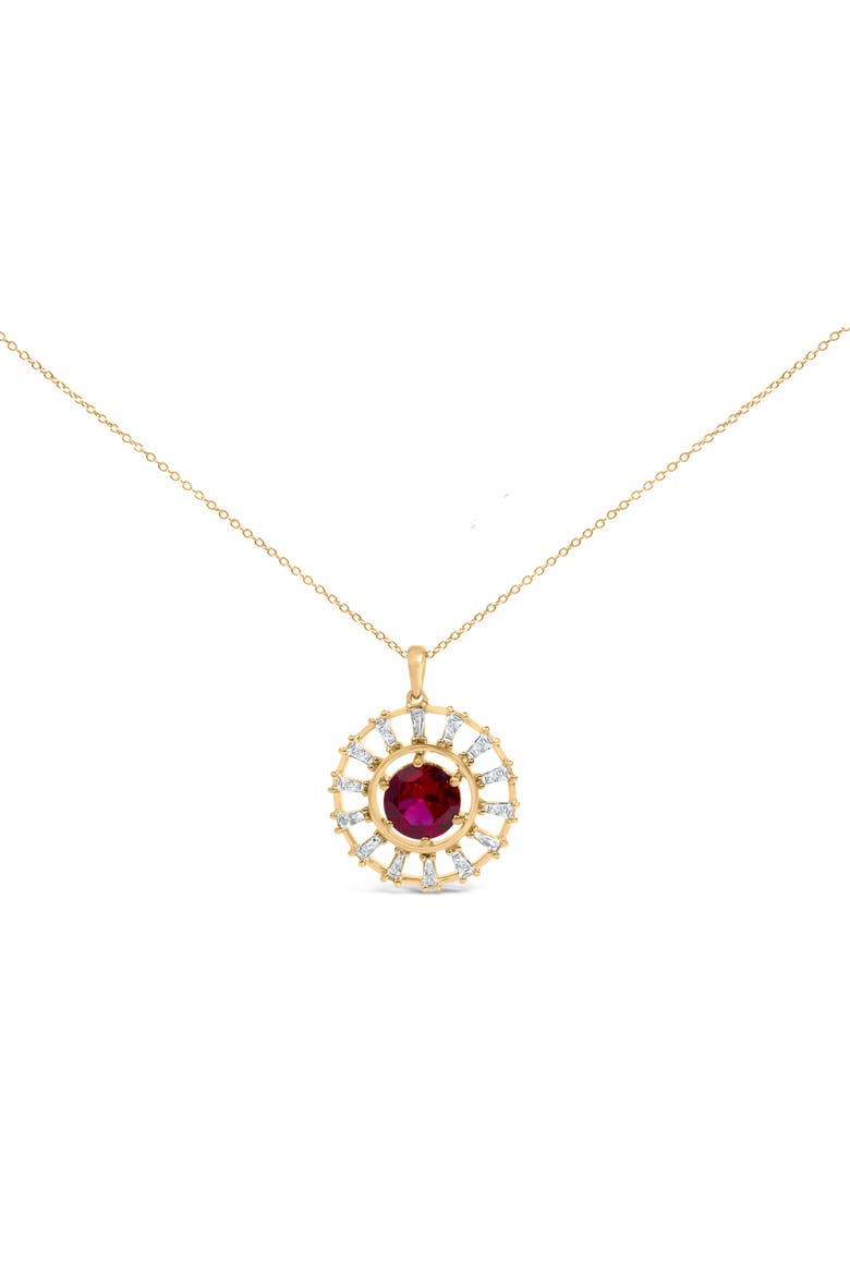 14K Yellow Gold Plated Silver Lab Grown Ruby and 5/8 Cttw Baguette Diamond Medallion Pendant Necklace, Main, color, Yellow Gold over Silver