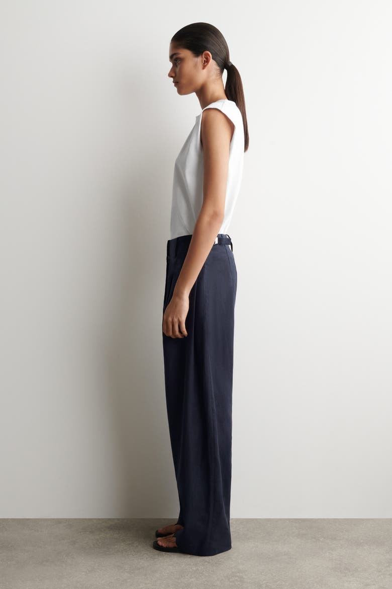 Buckle-detail Linen Balloon-leg Pants, Alternate, color, NAVY