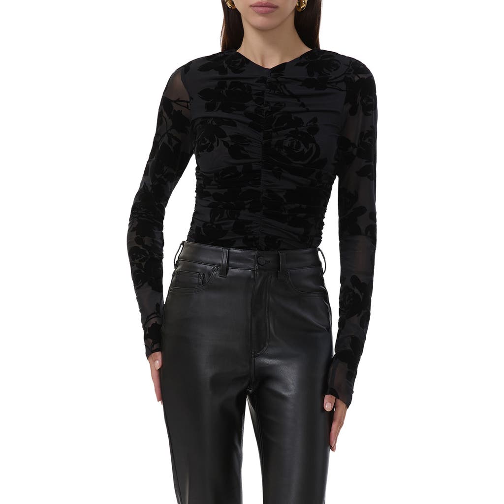 Afrm Leah Floral Flocked Mesh Top In Black