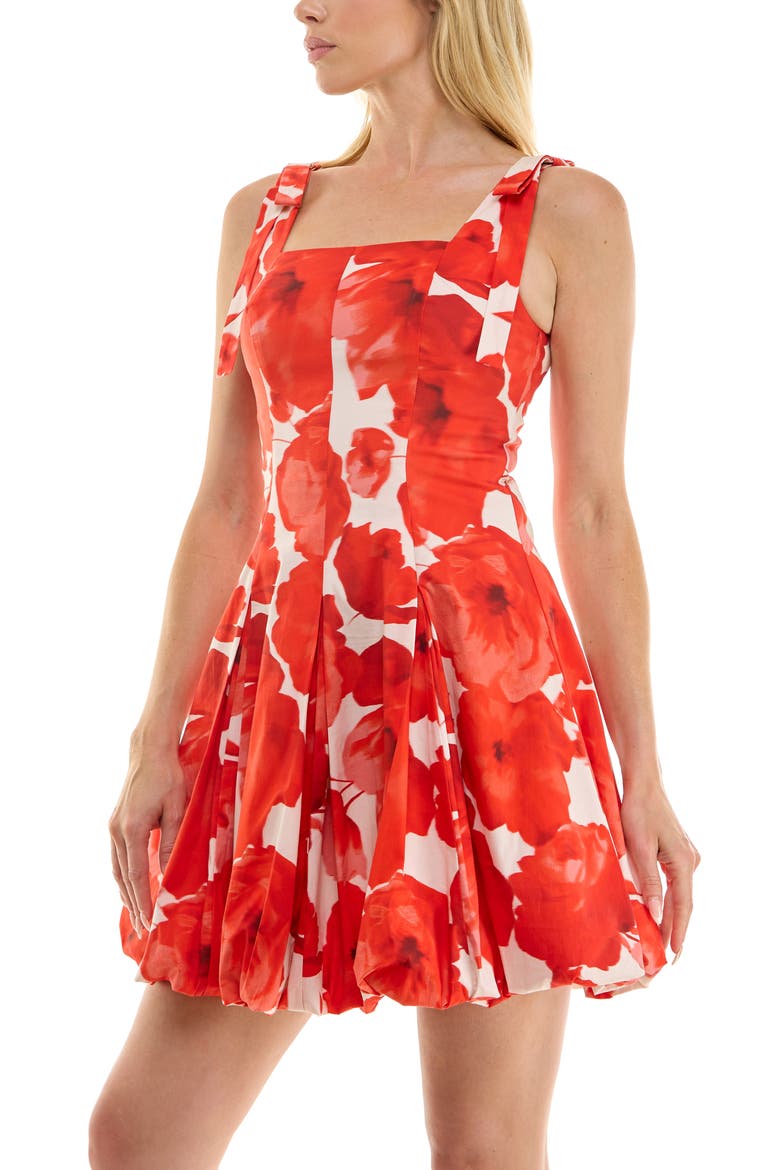 Floral Tie Strap Bubble Hem Stretch Cotton Minidress, Alternate, color, IVORY RED POPPY