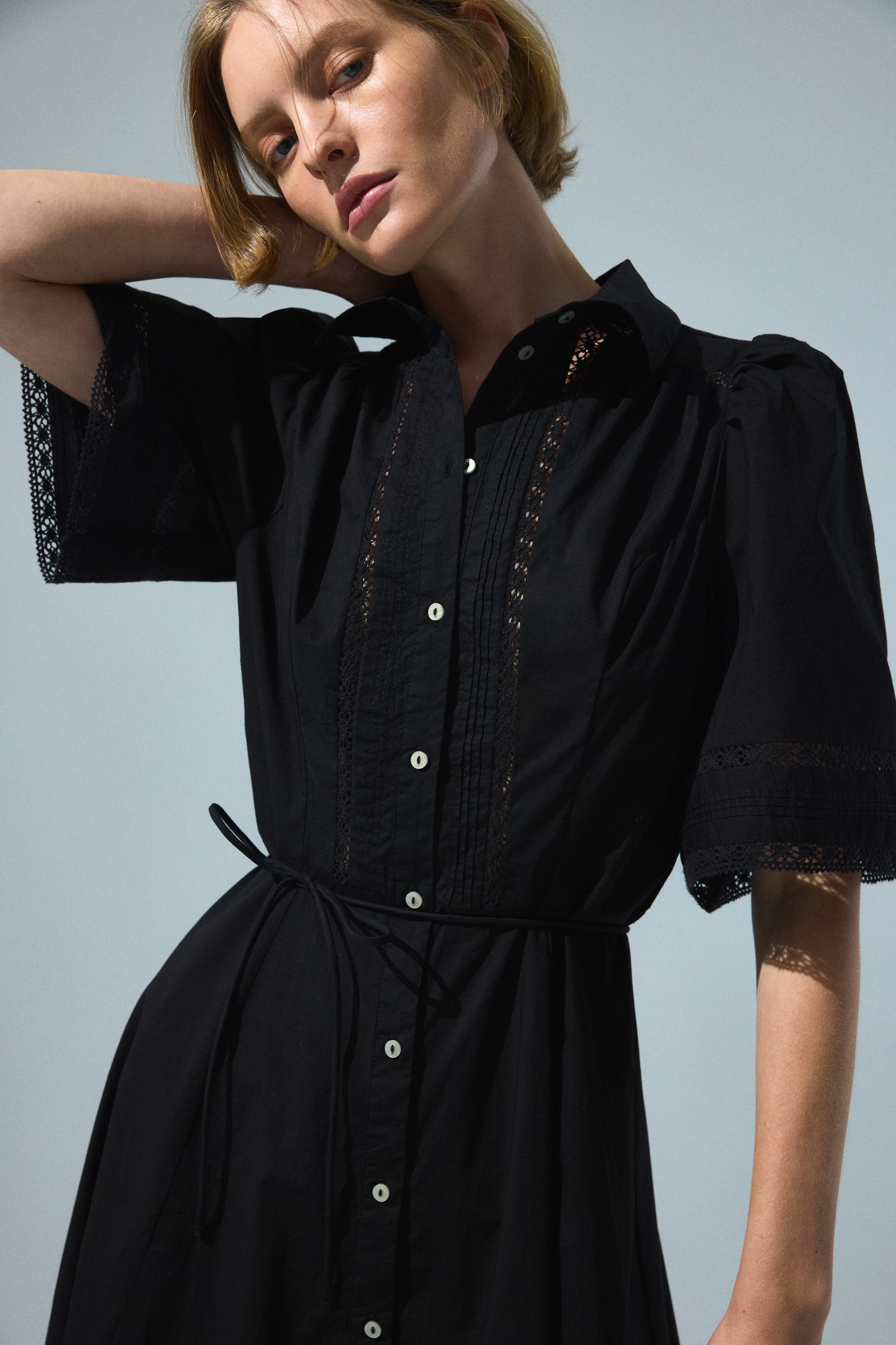 Cotton shirt dress with pintucks - image 2