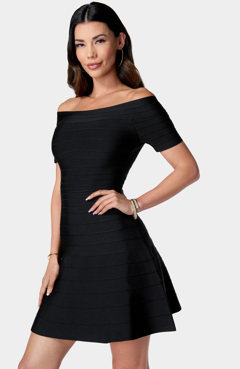 bebe Off the Shoulder Bandage Sweater Dress, Alternate, color,