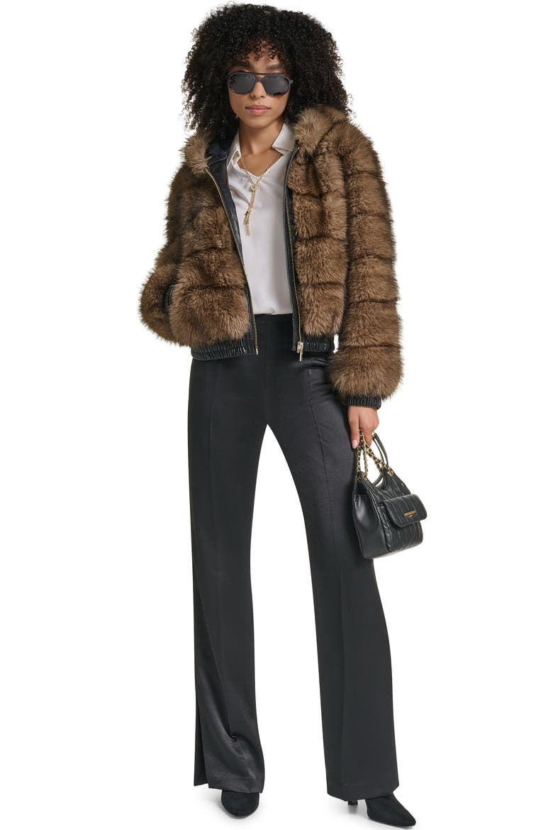 Hooded Grooved Faux Fur Jacket, Alternate, color, BROWN MULTI