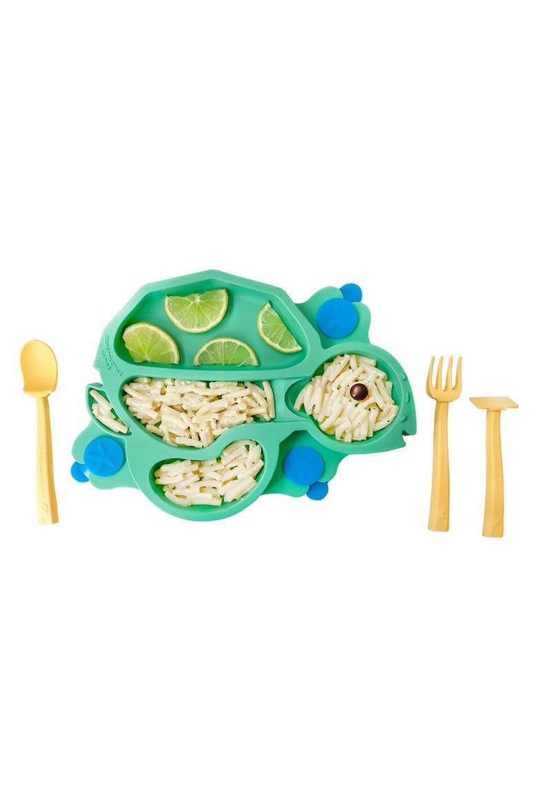 Turtle Theme Divided Suction Training Plate and Utensils for Kids and Toddlers, Alternate, color, Green