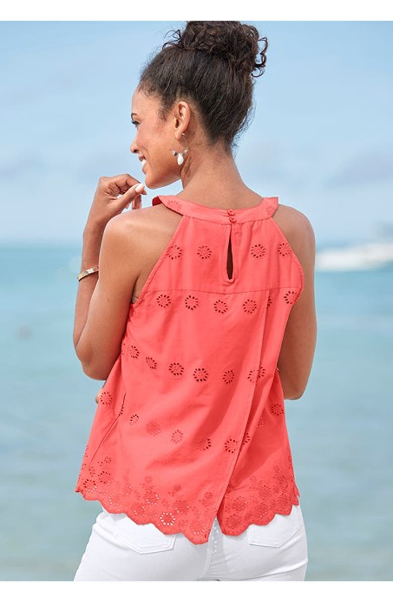 LASCANA Women's Sleeveless Eyelet Lace Blouse, Alternate, color, Coral