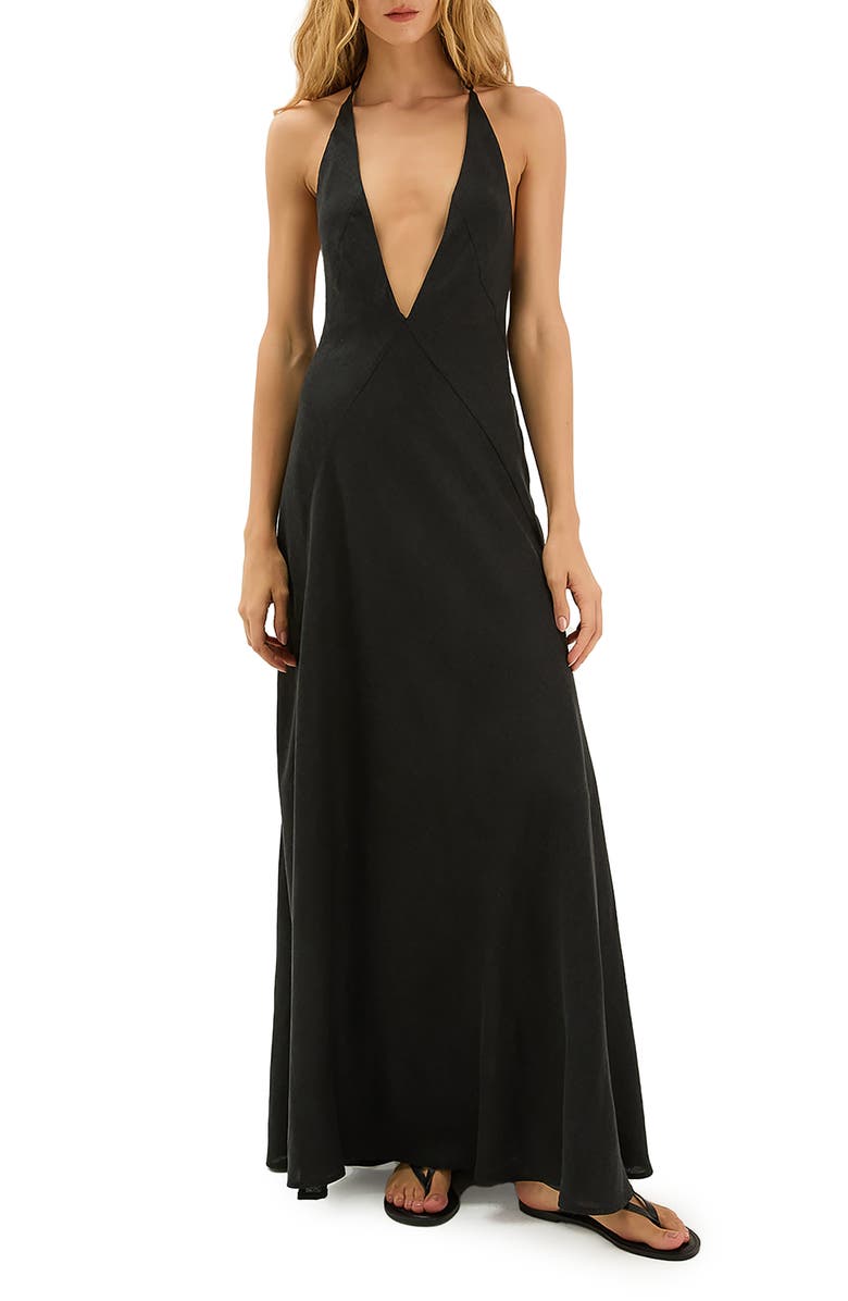 ViX Paula Hermanny Marbella Plunge Open Back Linen & Cotton Cover-Up Sundress, Main, color, Black