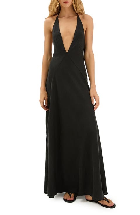 Marbella Plunge Open Back Linen & Cotton Cover-Up Sundress