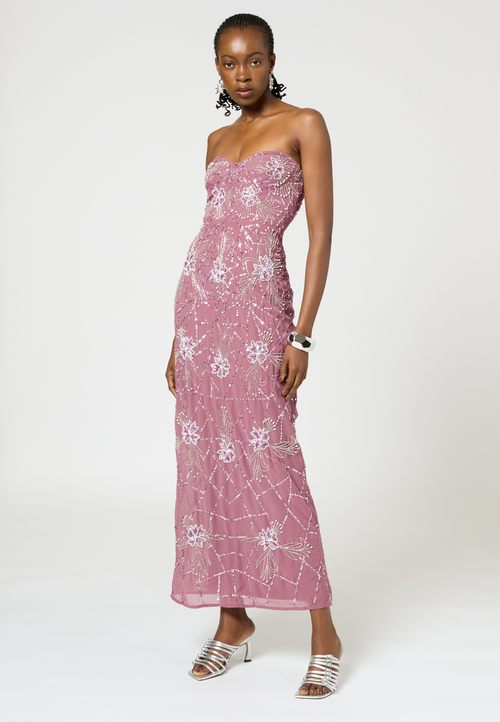 Beauut Strapless Embellished Sequin Beaded Maxi Dress In Pink