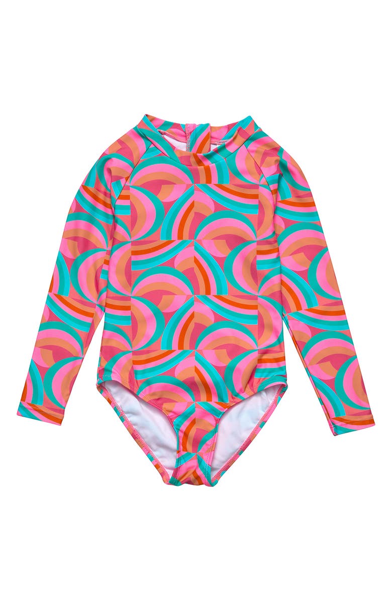 Snapper Rock Geo Melon Long Sleeve Rashguard Swimsuit, Alternate, color, 