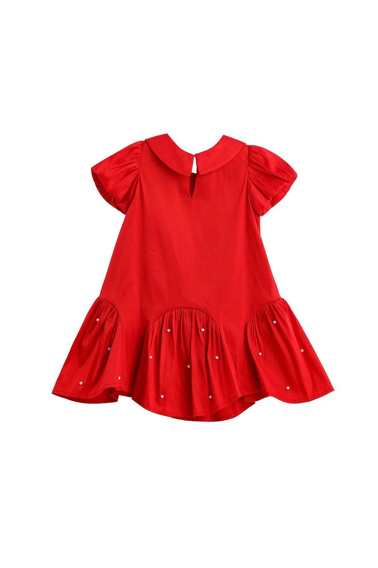 Crimson Glow Short Sleeve Peter Pan Collar Pearl Embellished Dropwaist Dress, Alternate, color, Red