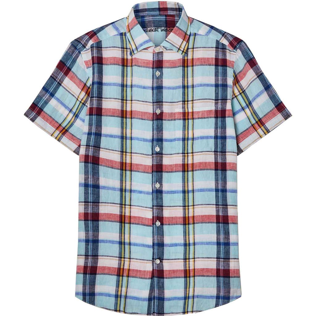 Robert Talbott Morgan Plaid Linen Short Sleeve Shirt In Blue