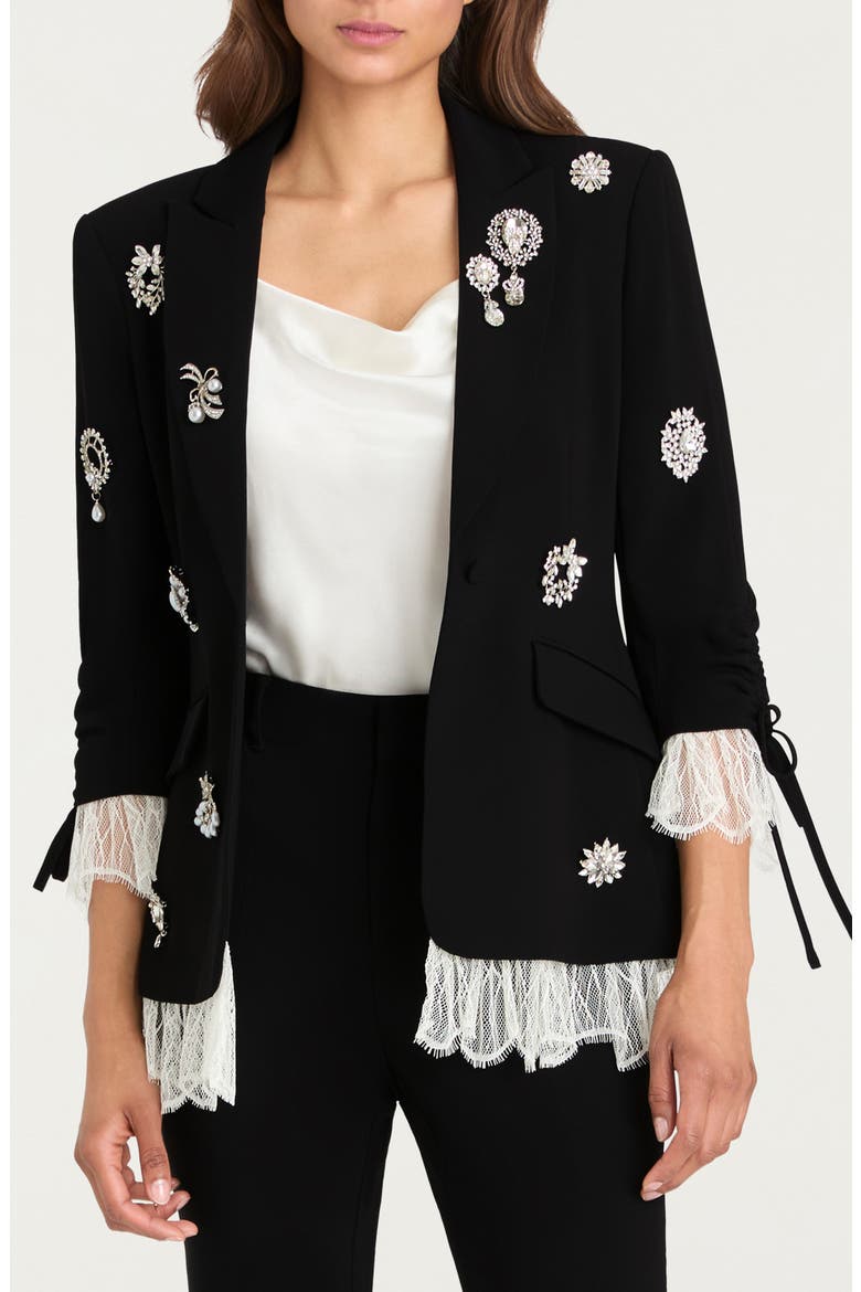 Roxie Crystal Brooch Blazer, Main, color, BLACK/ IVORY