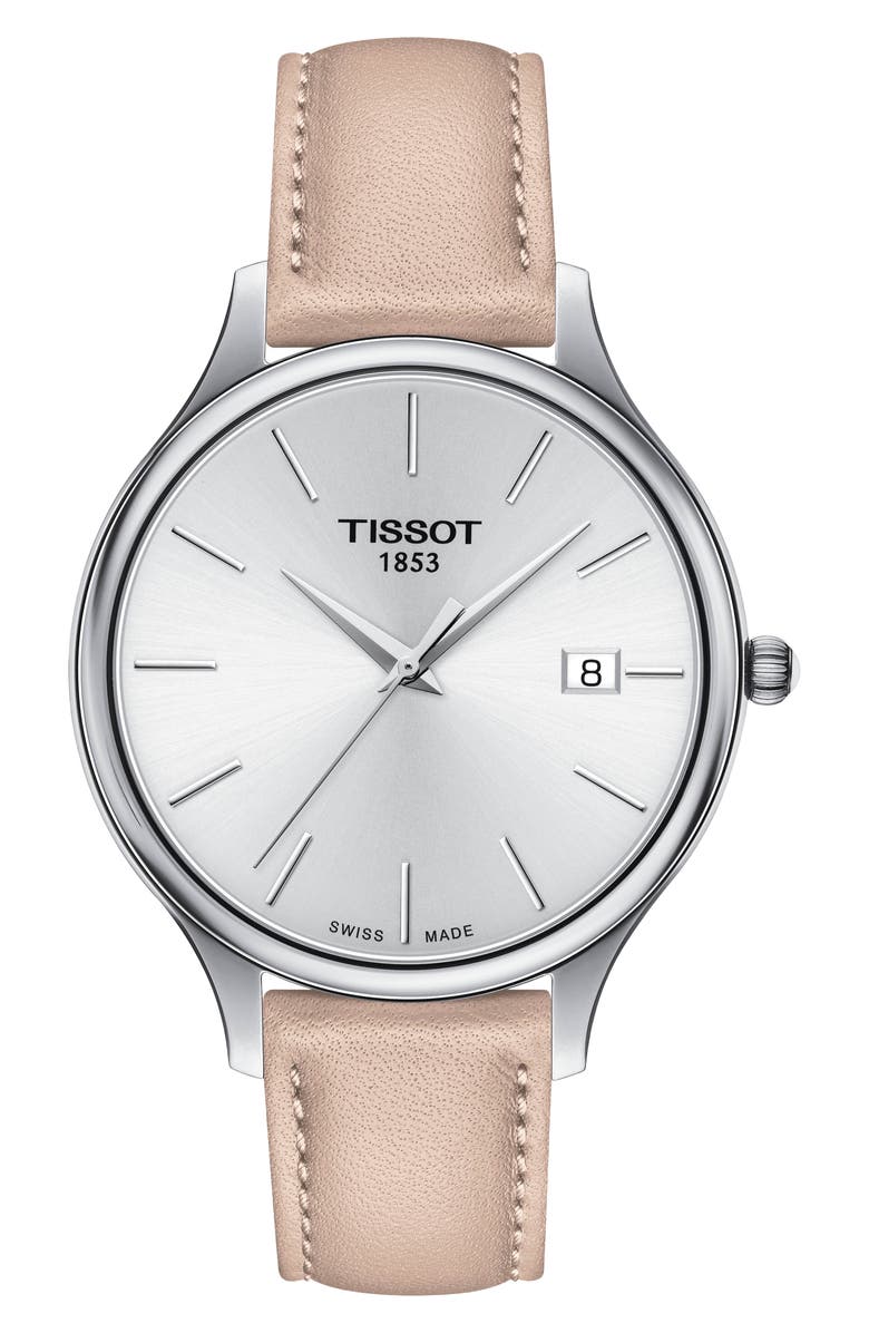 Tissot Bella Ora Round Leather Strap Watch, 38mm, Main, color, 