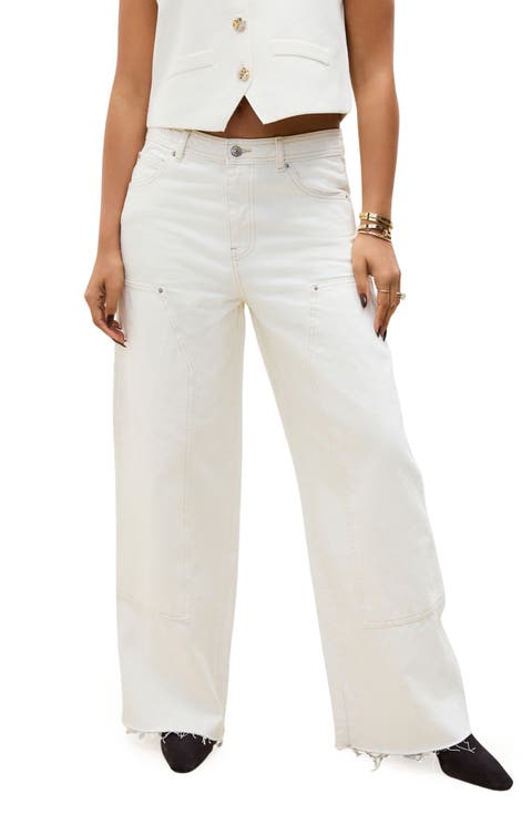 Raw Hem Wide Leg Carpenter Jeans (Neutral)