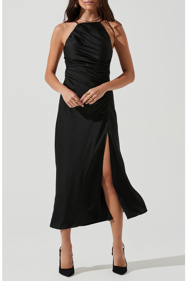 the Label Halter Neck Satin Maxi Dress, Alternate, color, BLACK