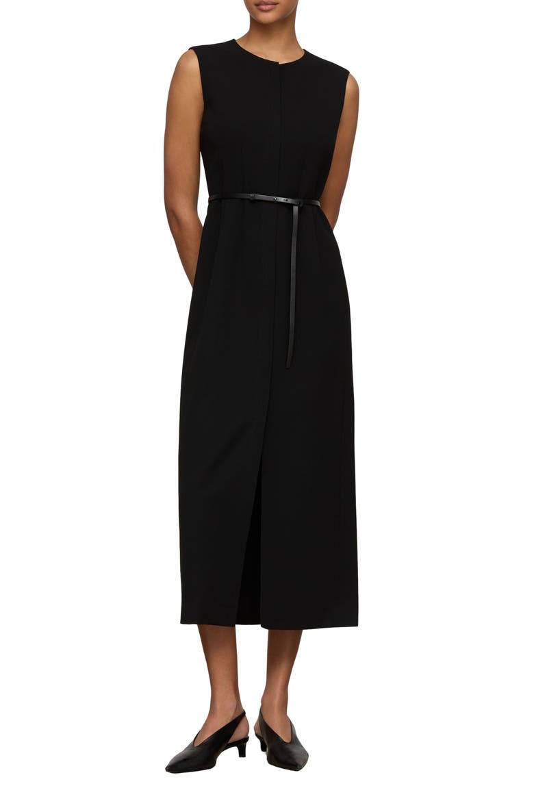 Belted Finesse Crepe Sheath Dress, Main, color, BLACK