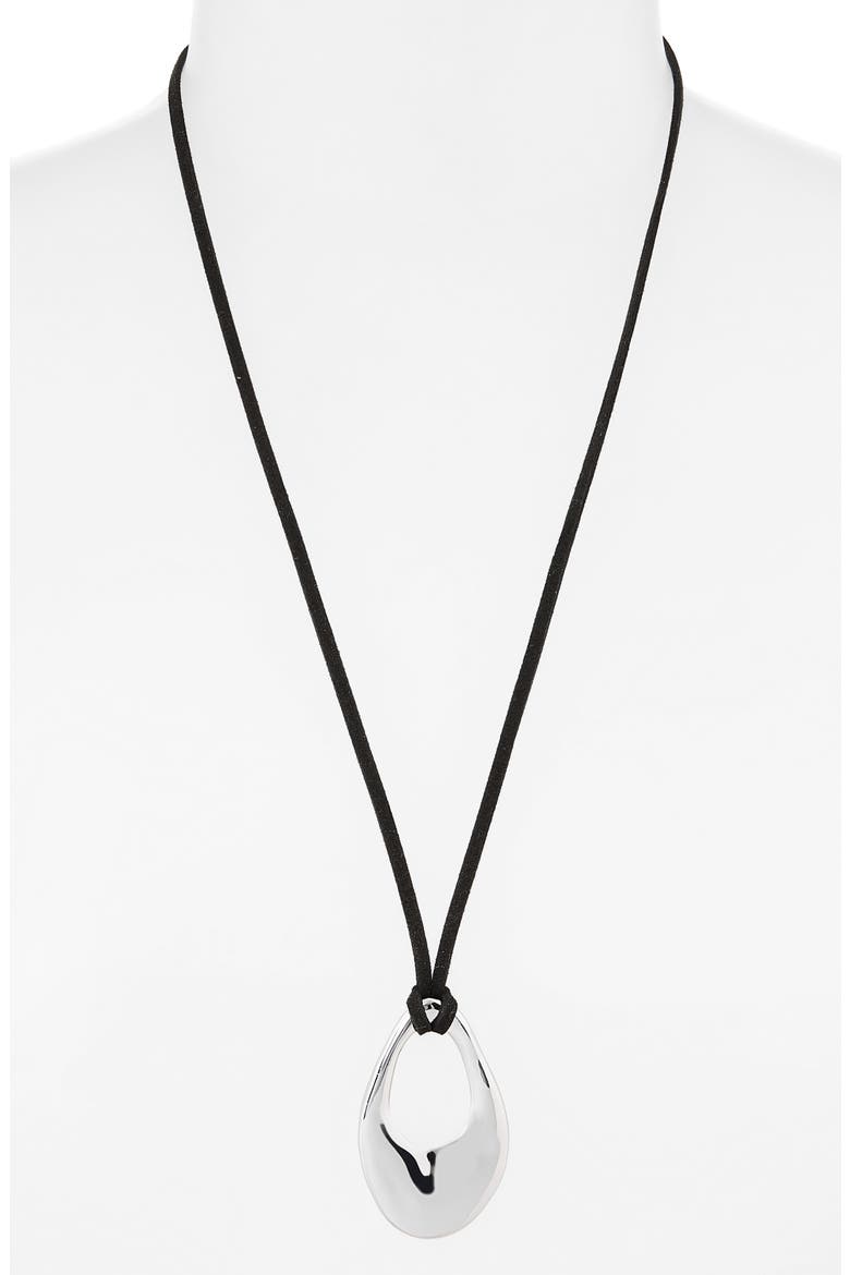 Organic Drop Pendant Faux Suede Cord Necklace, Alternate, color, BLACK- SILVER