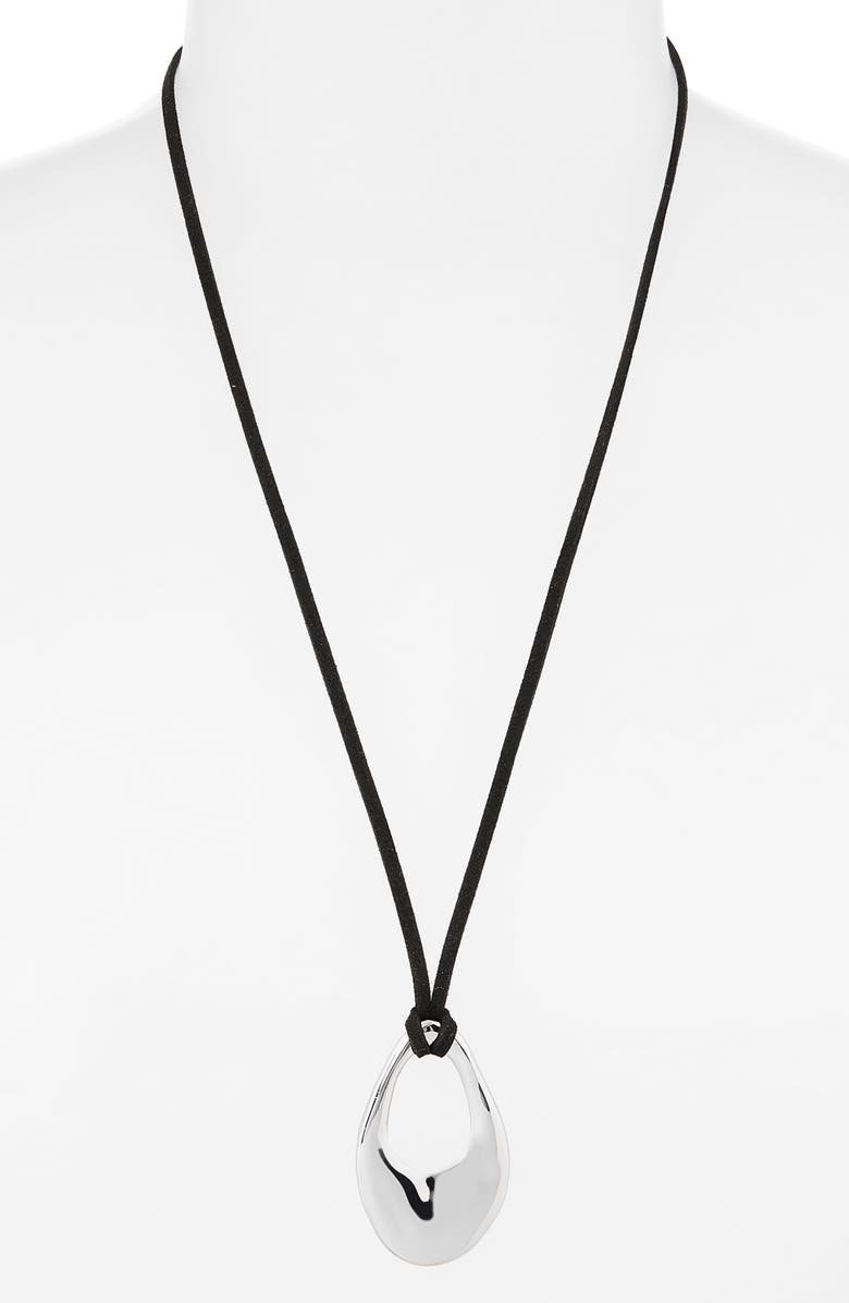 NORDSTROM RACK Organic Drop Pendant Faux Suede Cord Necklace, Alternate, color, Black- Silver