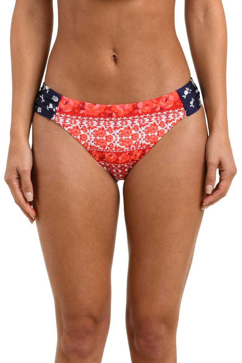 Flowers & Stripes Shirred Side Hipster Bikini Bottoms, Main, color, RED MULTI