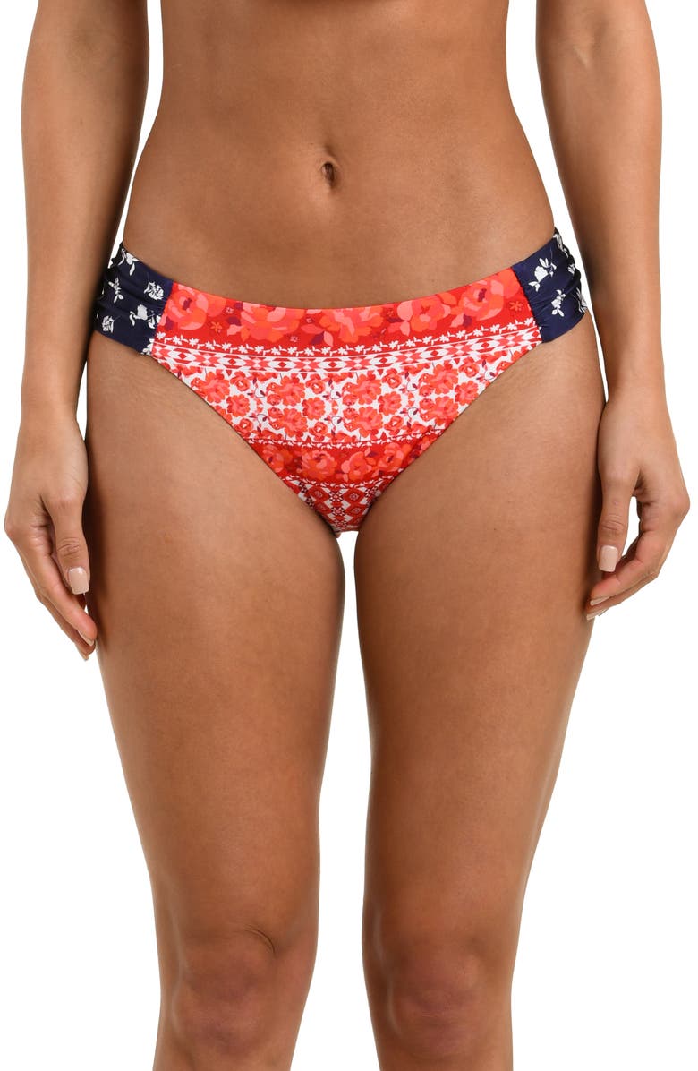 Sunshine 79 Flowers & Stripes Shirred Side Hipster Bikini Bottoms, Main, color, Red Multi