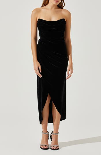 Astr The Label Meghan Ruched Strapless Velvet Midi Dress In Black