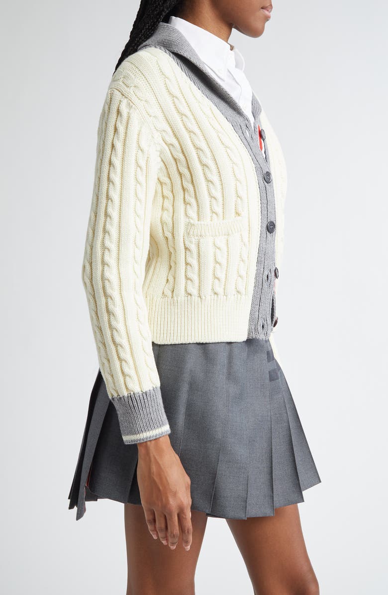 Thom Browne 4-Bar Cable Knit Virgin Wool Shawl Cardigan, Alternate, color, White