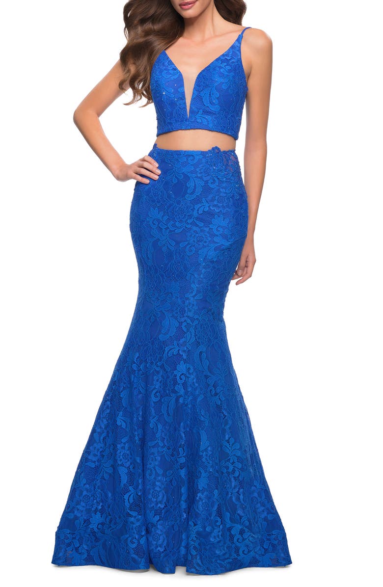 La Femme Stretch Lace Two-Piece Mermaid Gown, Main, color, 