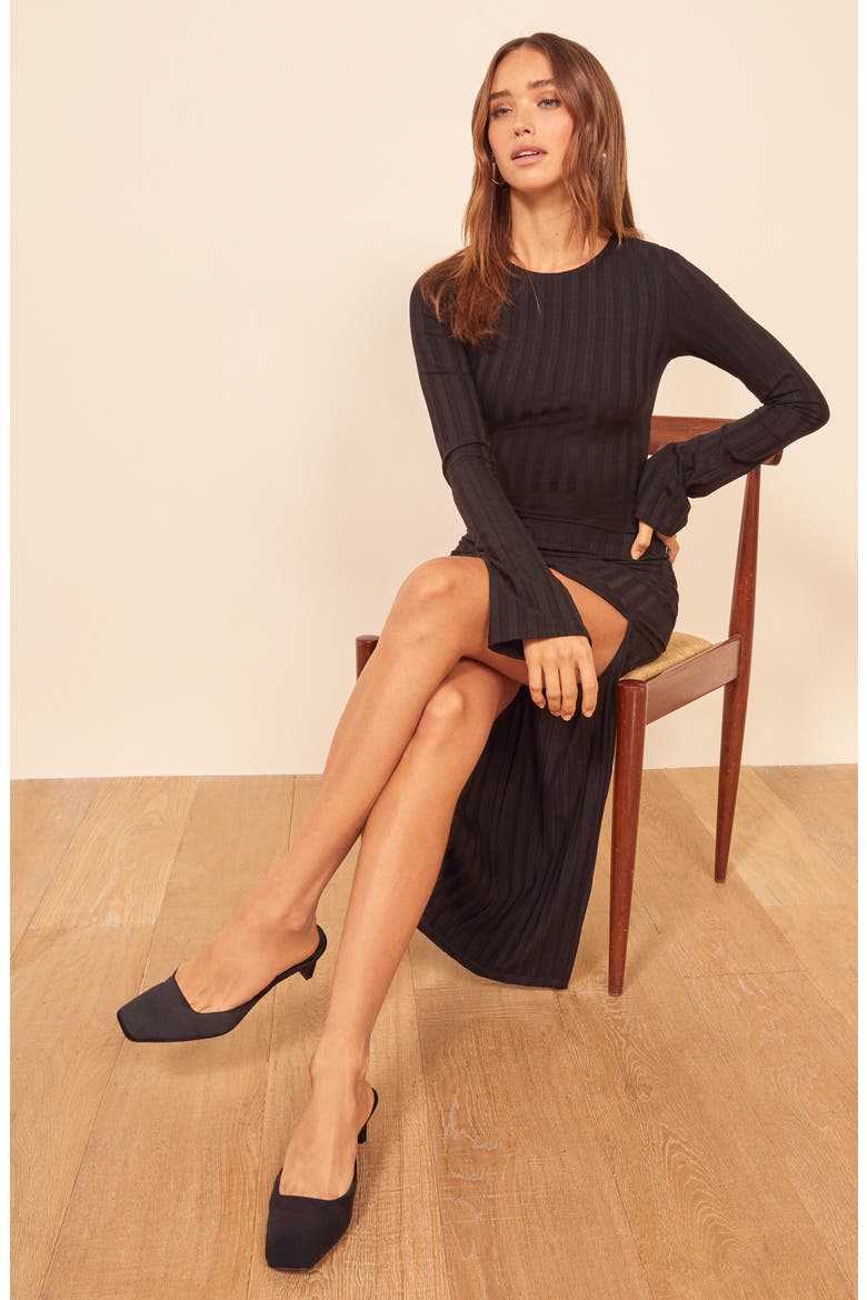Dillon Ribbed Long Sleeve Midi Dress, Alternate, color, BLACK