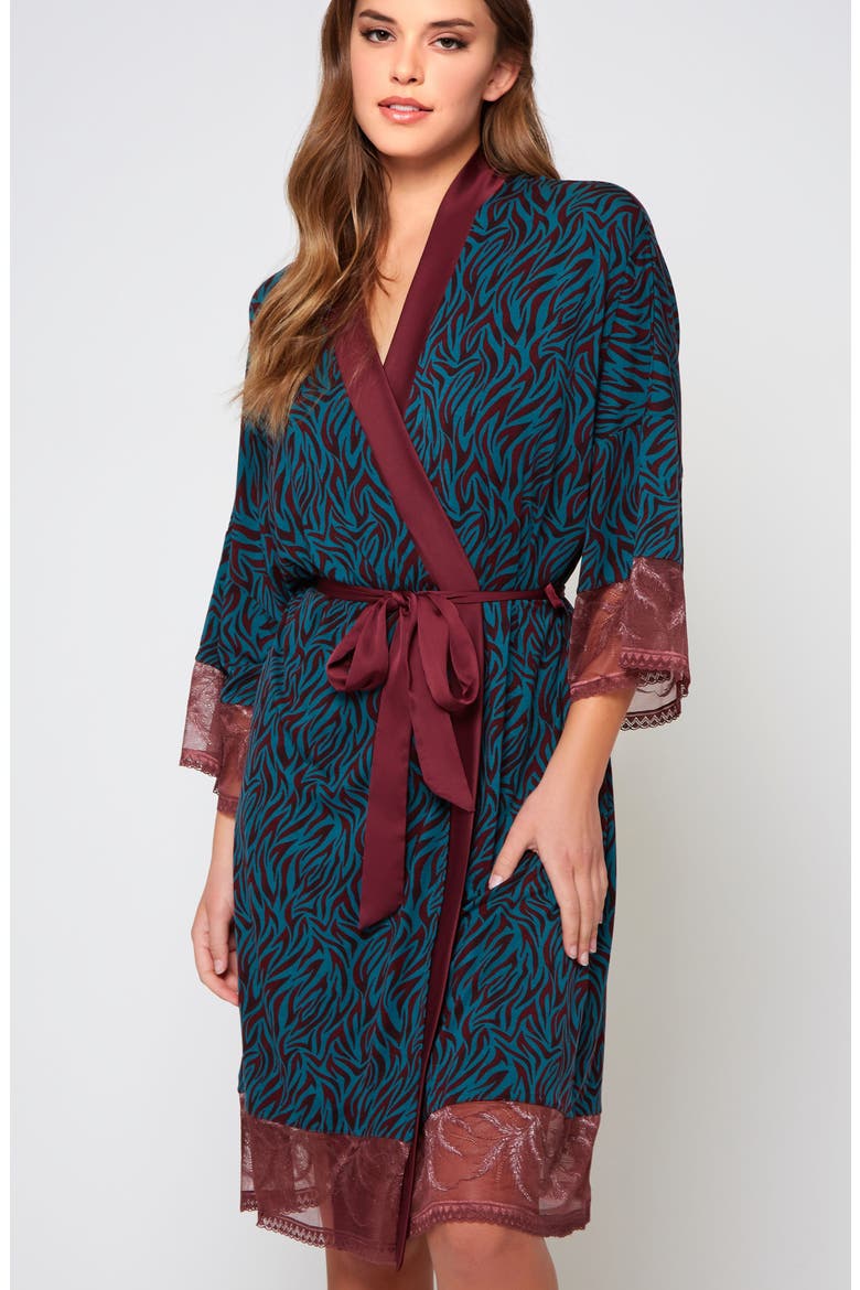 Zebra Print Lace-Trim Robe, Alternate, color, Teal-Burgundy