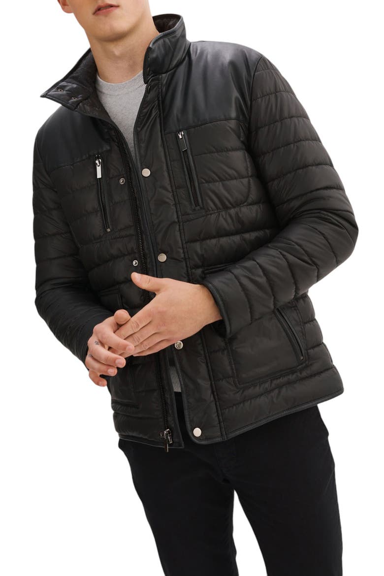 Leather Trim Channel Quilt Jacket, Alternate, color, BLACK