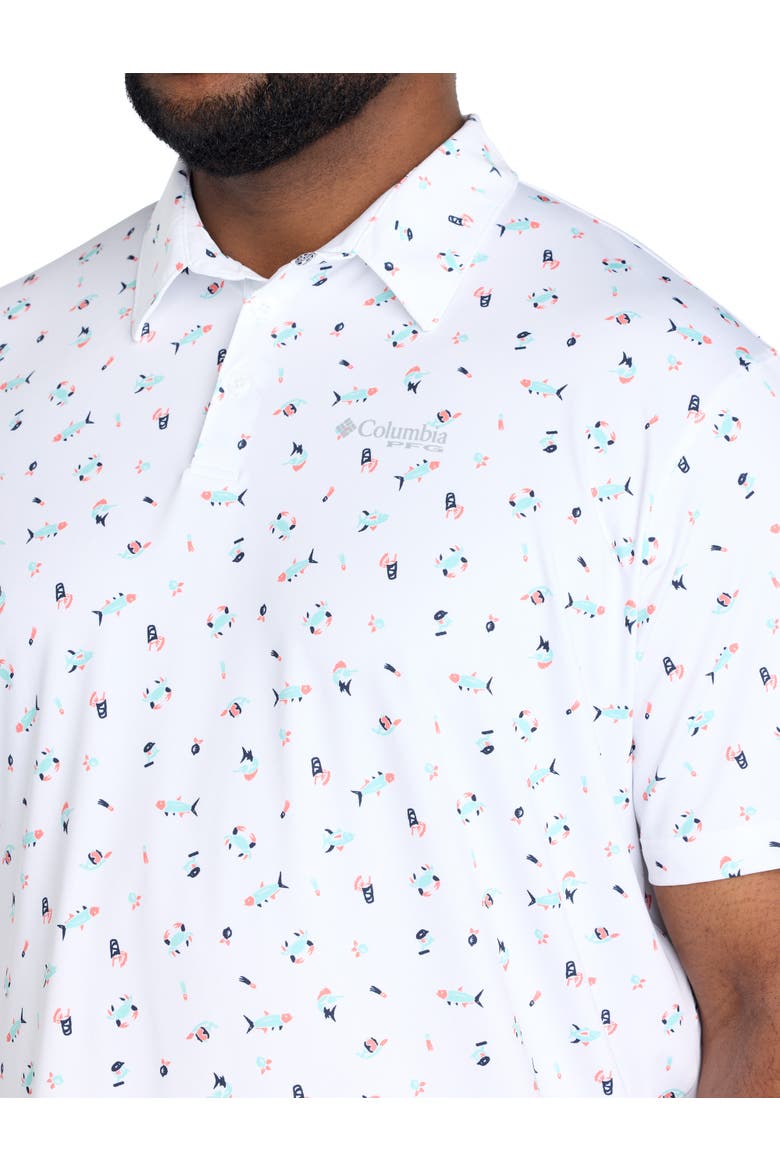 Big & Tall PFG Super Slack Tide Fish Print Polo Shirt, Alternate, color, WHITE