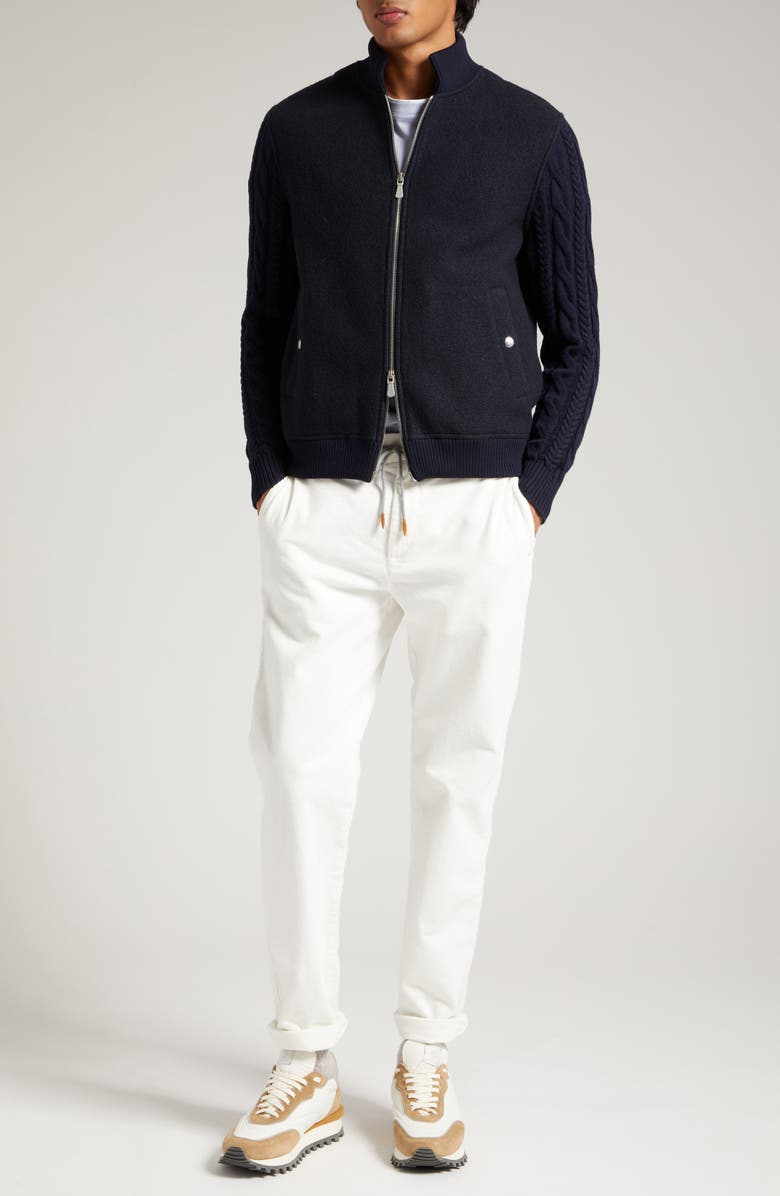 Eleventy Cable Stitch Sleeve Boiled Wool Bomber Jacket, Alternate, color, 