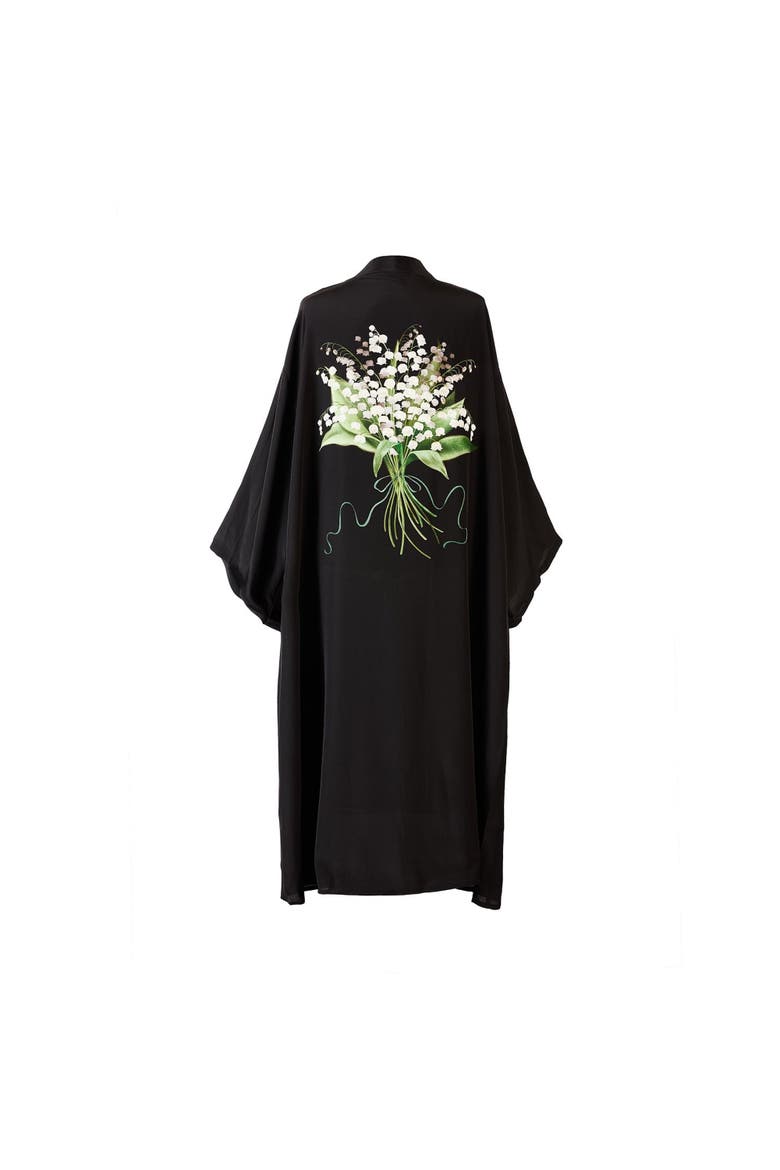 Lily Of The Valley Silk Robe, Alternate, color, Black