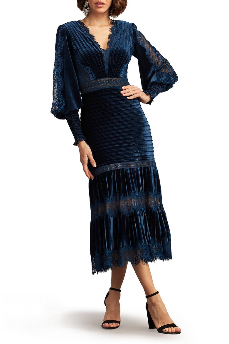 Avalon Pleated Velvet Cocktail Midi Dress, Main, color, NAVY