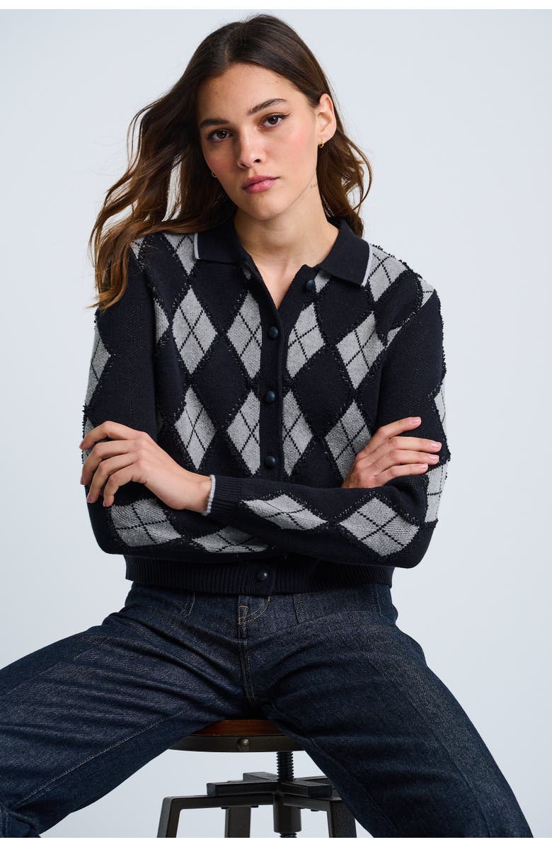 Lisa Todd Diamond Dip Argyle Cardigan, Alternate, color, Black