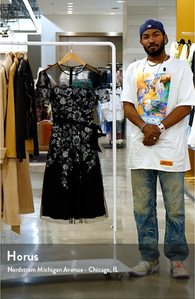 Floral Embroidered Sheer Yoke Cocktail Midi Dress, sales video thumbnail