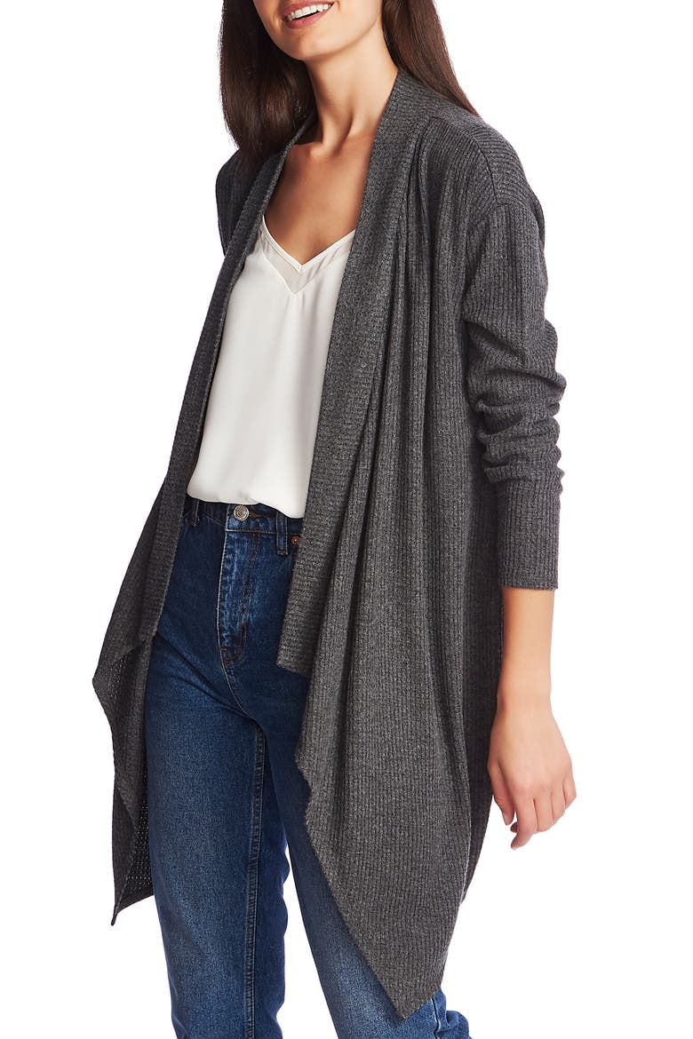 Drape Front Waffle Knit Long Cardigan, Alternate, color, MED HTHR GREY