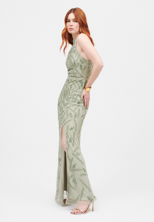 Beauut Embellished Sequin Beaded Halter Neck Gown In Sage Green