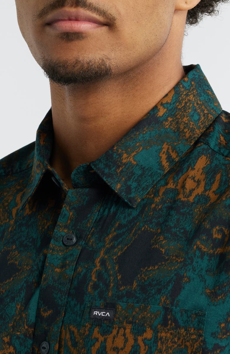 RVCA Sunup Short Sleeve Cotton Blend Button-Up Shirt, Alternate, color, Hunter Green
