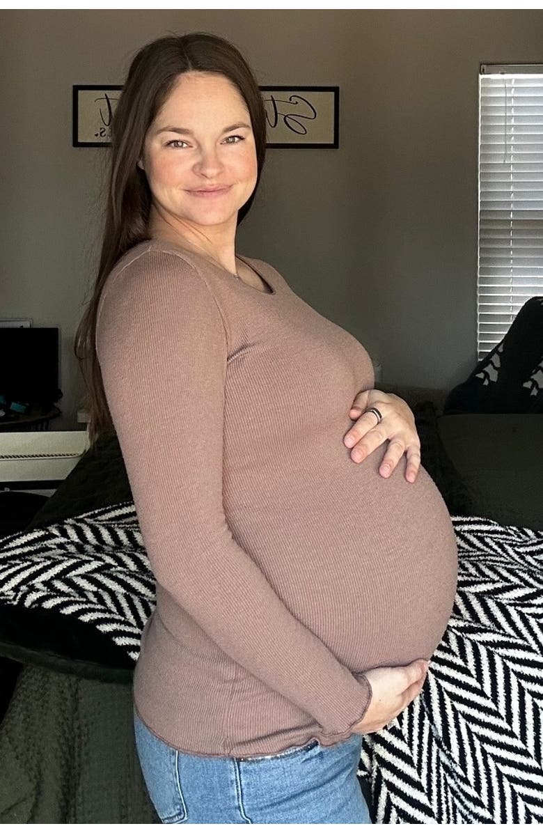 PinkBlush Ribbed Knit Long Sleeve Lettuce Hem Top, Alternate, color, Brown