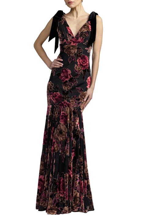 Floral Velvet Mermaid Gown With Bows