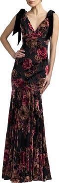 Mac Duggal Floral Velvet Mermaid Gown With Bows
