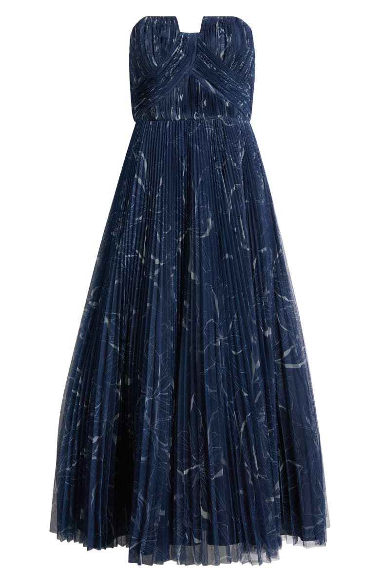 Hutch Pleated Strapless Mesh Gown, Alternate, color, Navy Floral