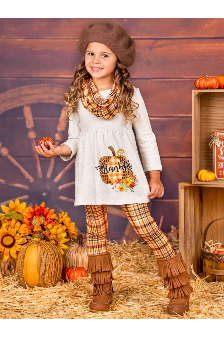 Thankful Pumpkin Tunic, Plaid Leggings And Scarf Set, Alternate, color, Orange
