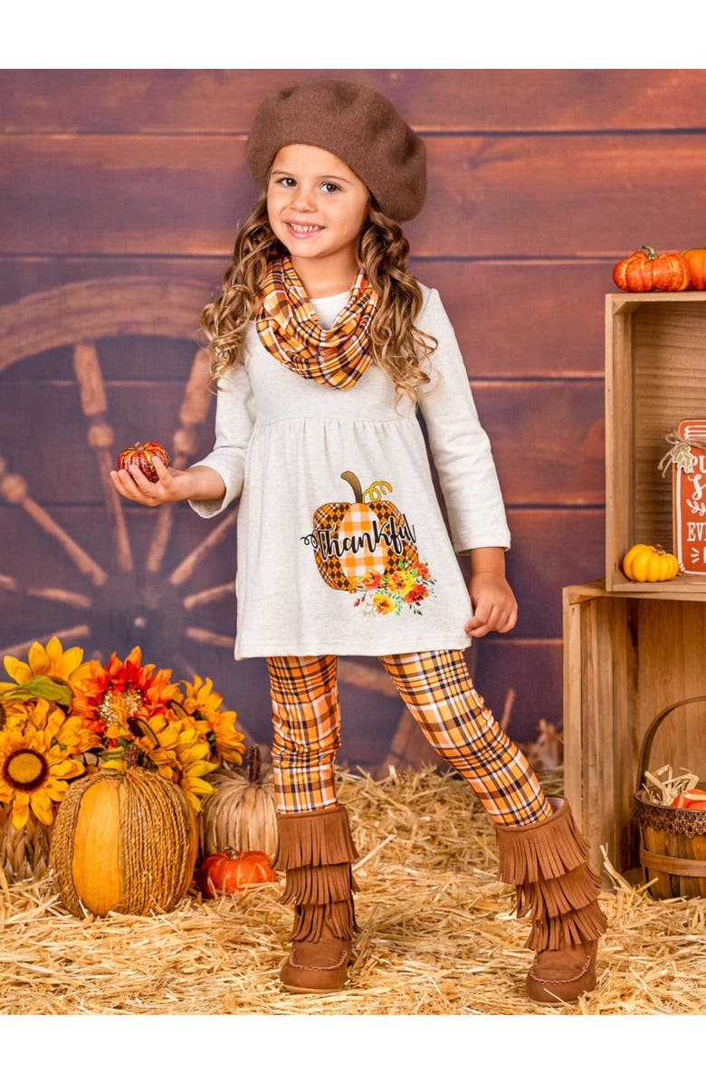 Mia Belle Girls Thankful Pumpkin Tunic, Plaid Leggings And Scarf Set, Alternate, color, Orange